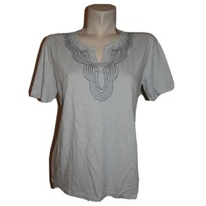 Hasting & Smith Womens Small Blue Embroidered Split Neck Cotton Slub T-Shirt NEW